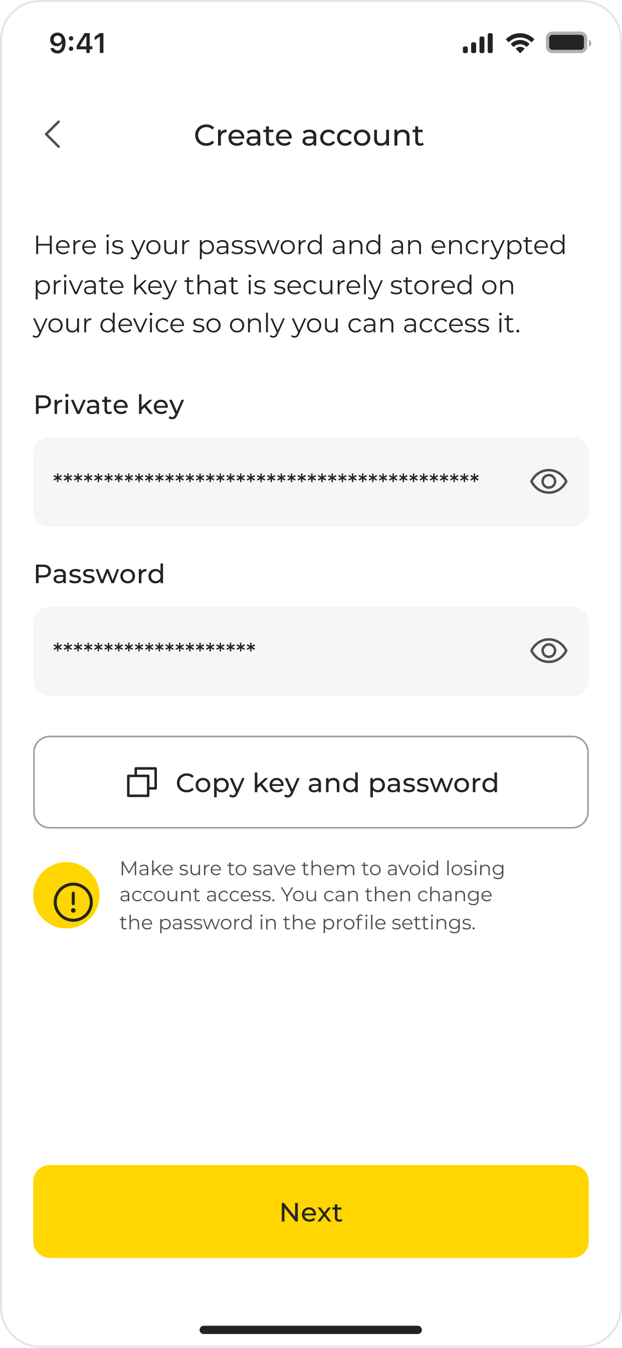 Create account: copy key and password (after)