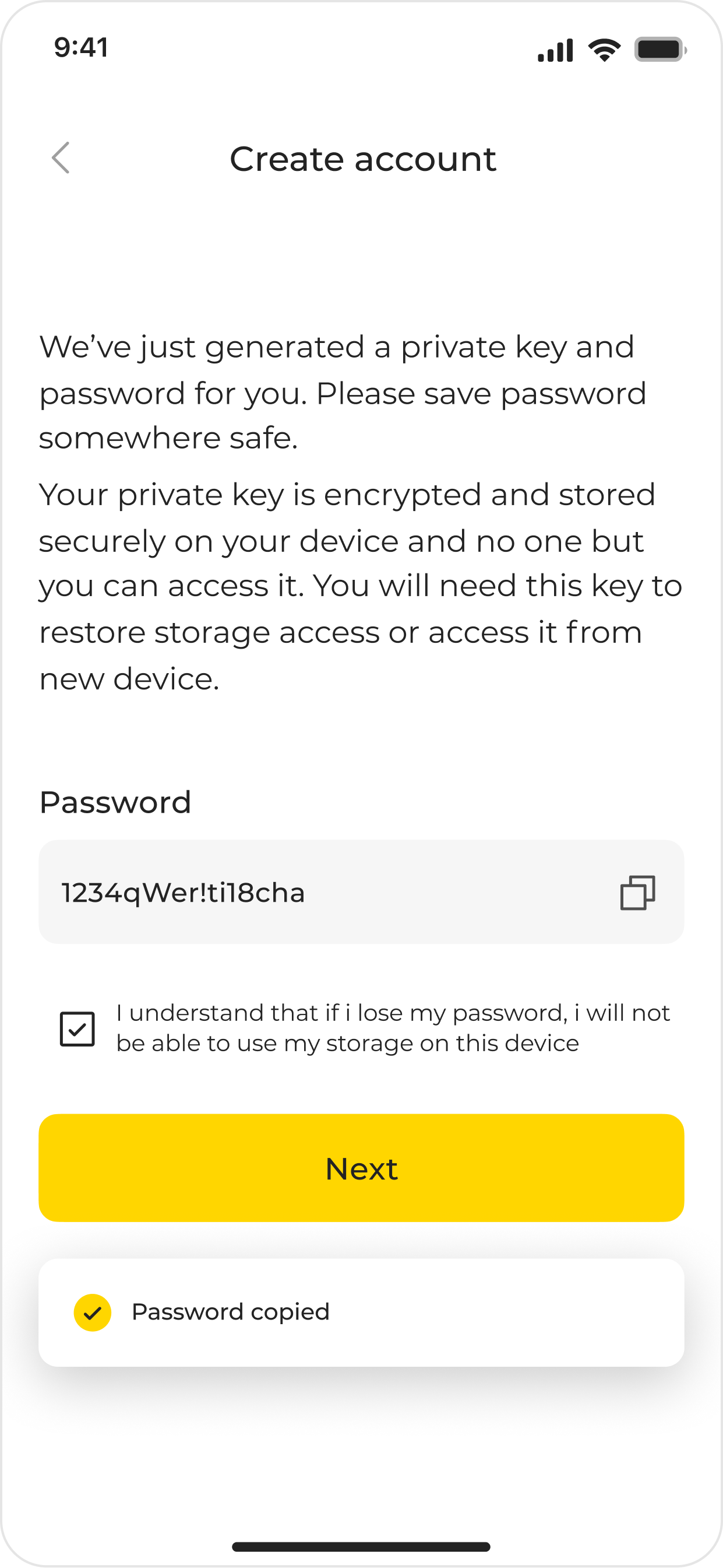 Create account: password and private key (before)