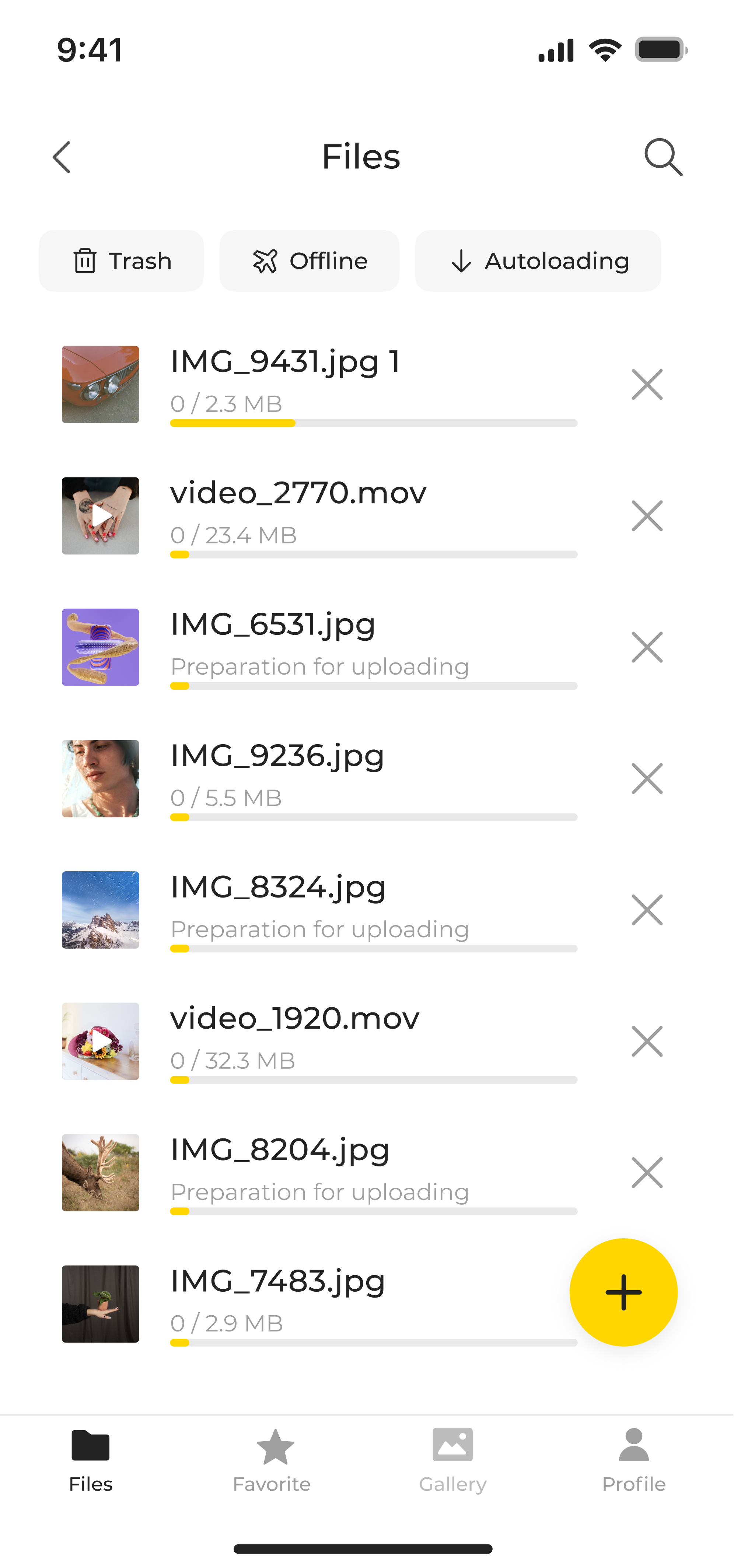 Files screen with upload progress
